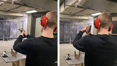 Un homme n'arrive pas à tenir le recul d'un revolver dans un stand de tir