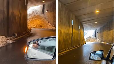 Un automobiliste se retrouve face à une coulée de neige dans un tunnel