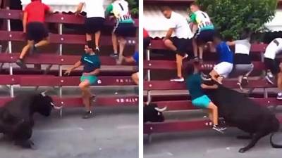 Il esquive un premier taureau mais se fait charger par un deuxième