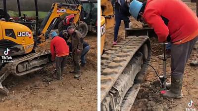 Faire gonfler la chenille d'un tractopelle à un apprenti